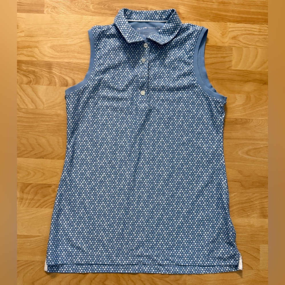 Peter Millar woman’s sleeveless polo blue with tennis ball all over print small